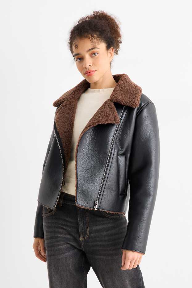 Femei - Geacă din piele shearling sintetică - imitație de piele - negru