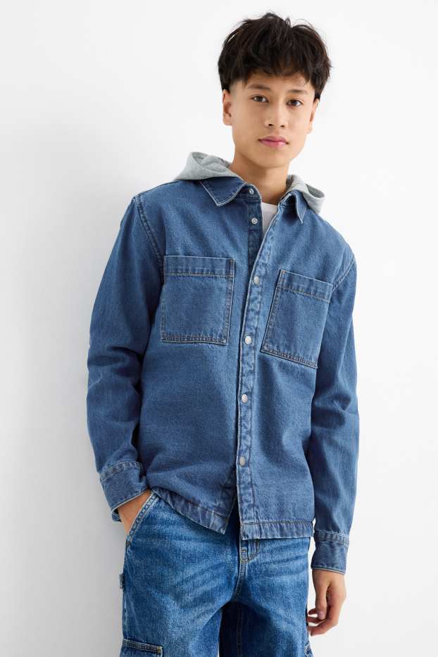 Copii - Băieți - Jachetă tip cămașă din denim cu glugă - denim-albastru