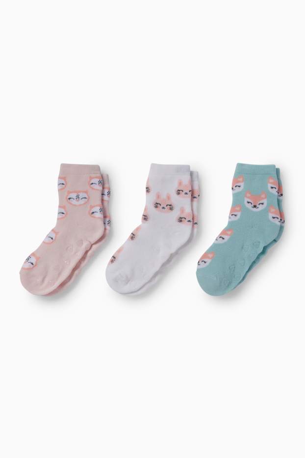 Copii - Fete - Multipack 3 perechi - animale - șosete călduroase antialunecare cu motive - roz