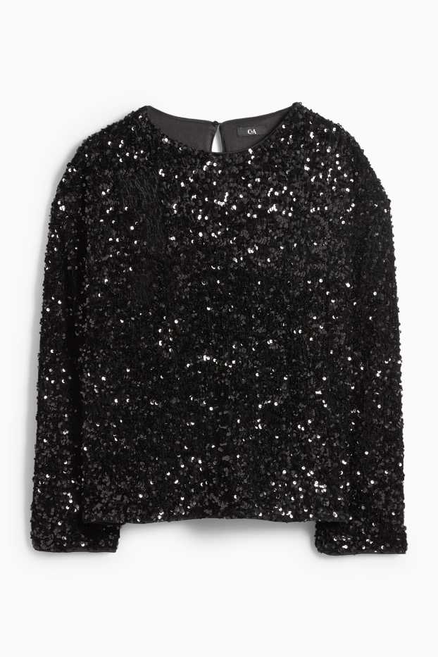 Femei - Tricou cu mânecă lungă cu paiete - regular fit - negru