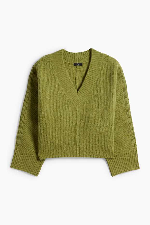 Femei - Pulover cu decolteu în V - reiat - verde deschis