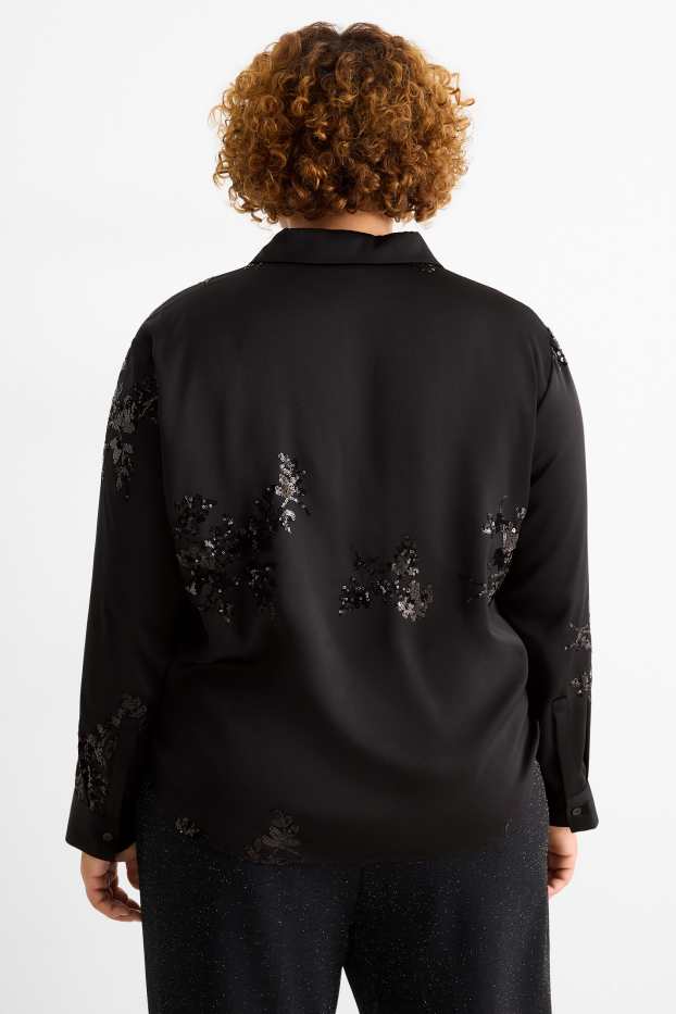 Femei - Bluză din satin - cu flori - aspect lucios - negru