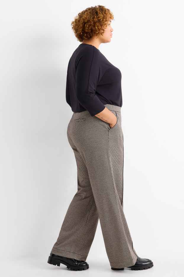 Femei - Pantaloni din jerseu - talie înaltă - wide leg - în carouri - negru / nej