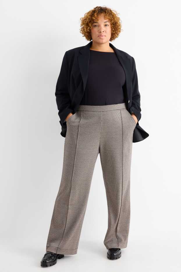 Femei - Pantaloni din jerseu - talie înaltă - wide leg - în carouri - negru / nej