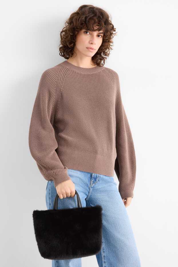Femei - Geantă shopper mică din blană artificială, cu curea detașabilă - negru