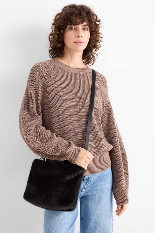 Femei - Geantă shopper mică din blană artificială, cu curea detașabilă - negru