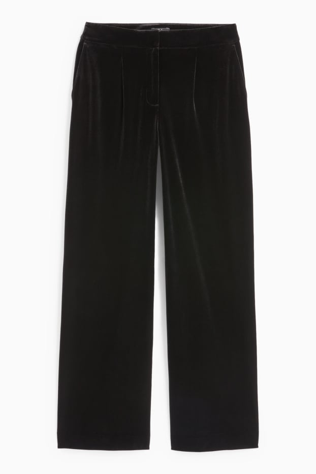 Femei - Pantaloni office din catifea - talie medie - wide leg - negru