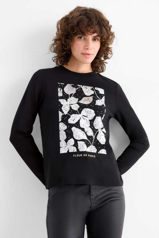 Femei - Tricou cu mânecă lungă cu ștrasuri - regular fit - aspect lucios - negru