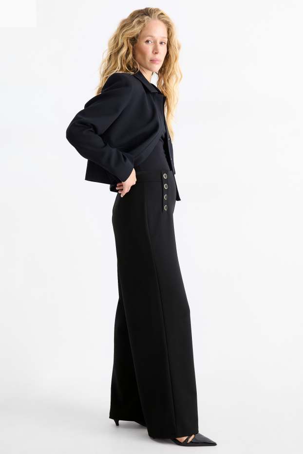 Women - Jersey trousers - mid-rise waist - wide leg - black
