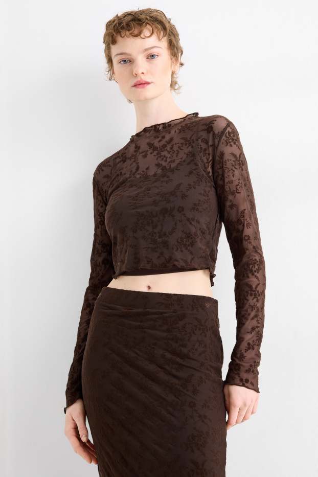 Damen - Set - Crop Langarmshirt und Top - Slim Fit - geblümt - dunkelbraun