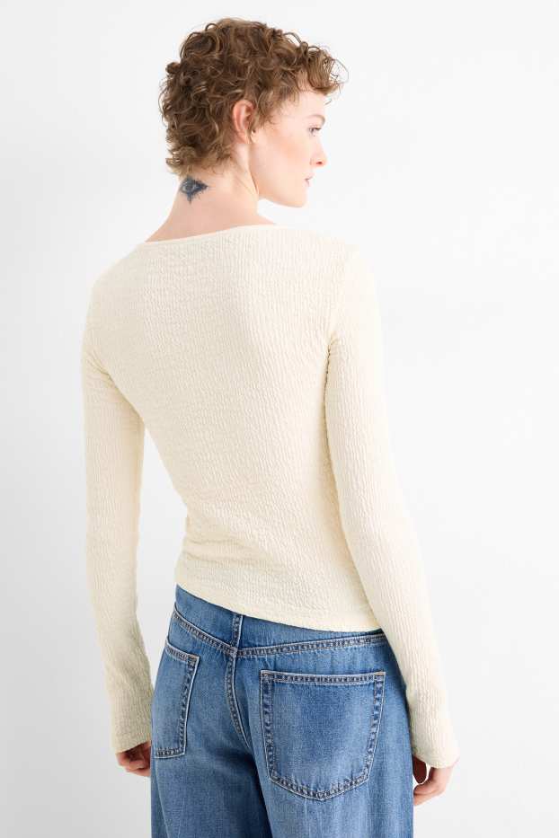Dámské - Tričko s dlouhým rukávem - slim fit - strukturované - krémově bílá