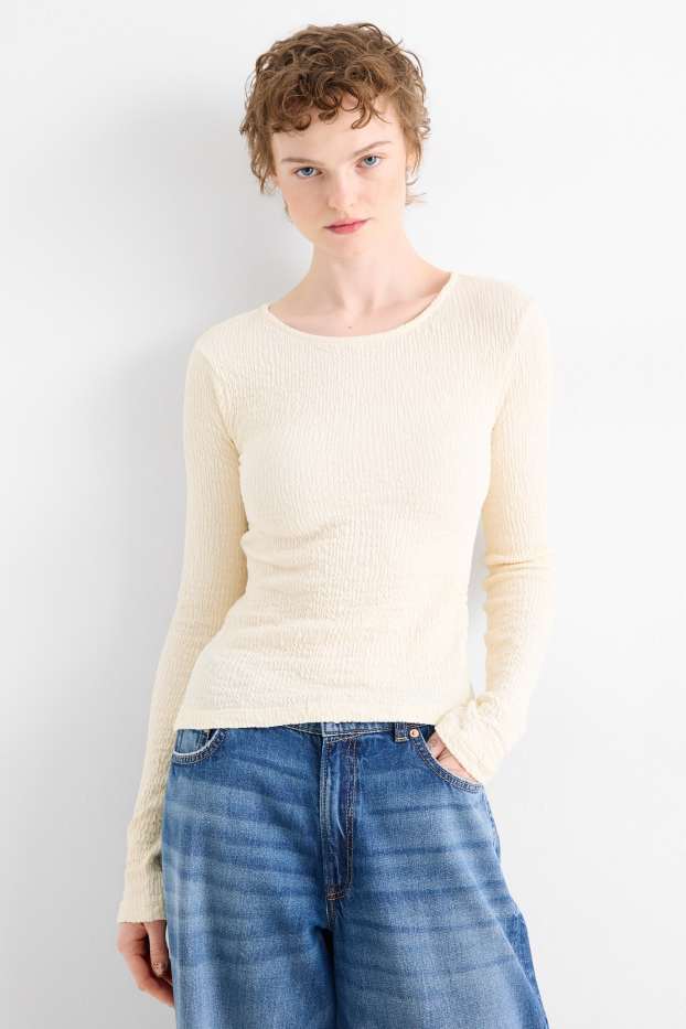 Dámské - Tričko s dlouhým rukávem - slim fit - strukturované - krémově bílá